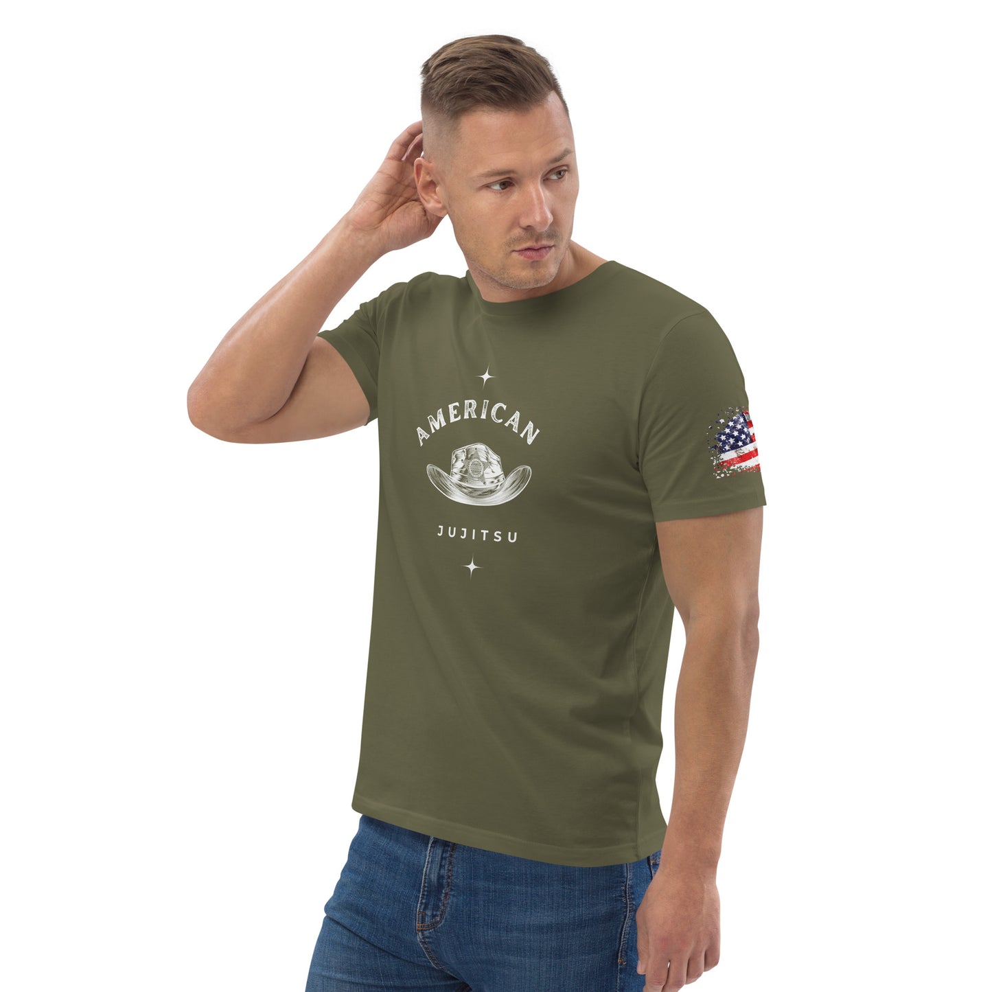 American Jujitsu with American flag on sleeve organic cotton t-shirt!